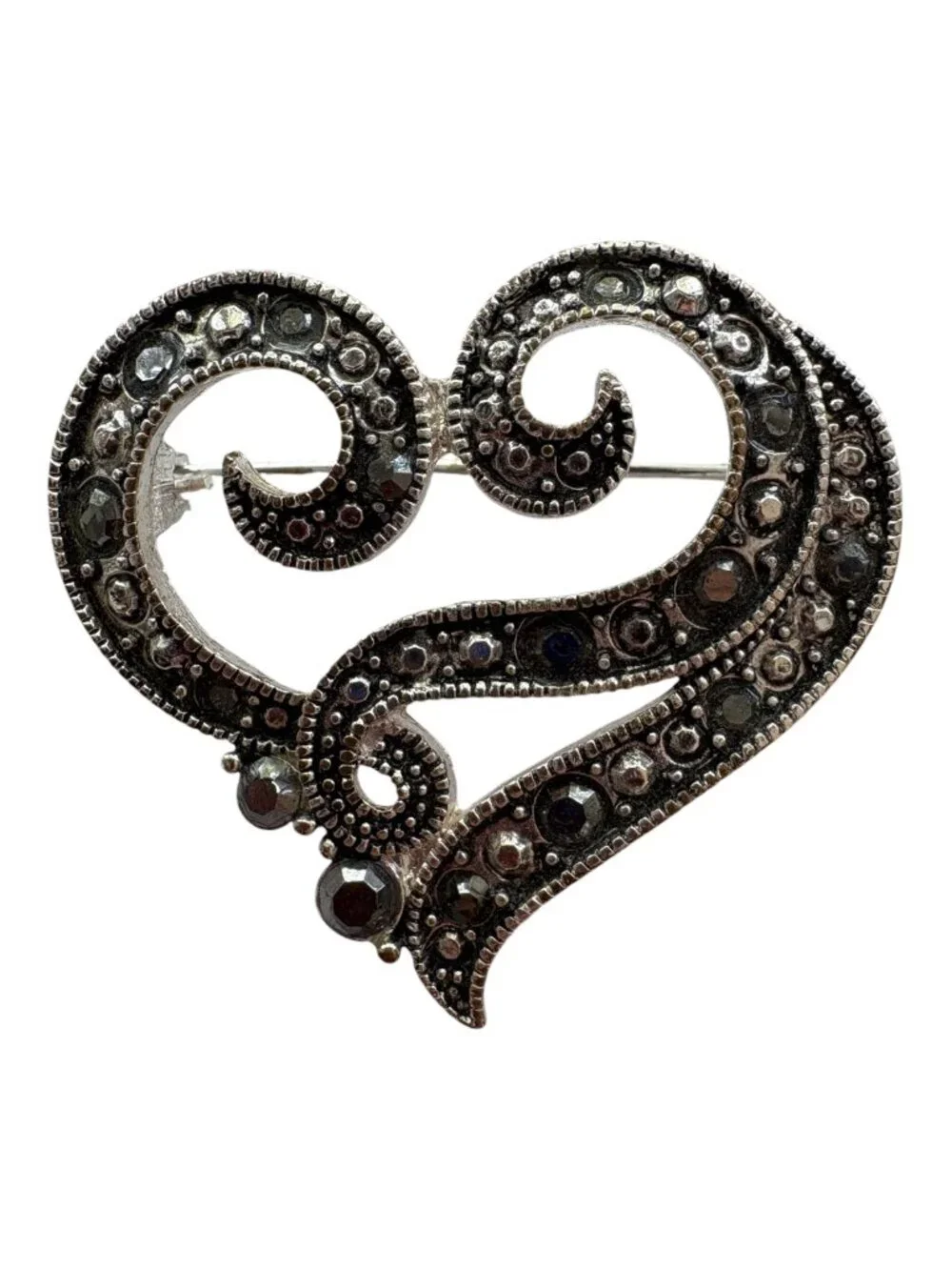 Vintage Marcasite Style Heart Swirl Brooch Silver Tone (2715-1)